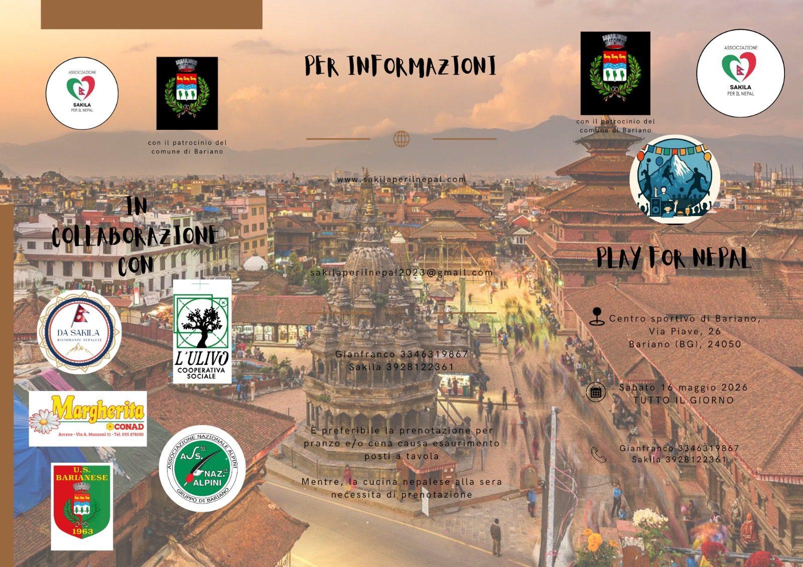 Pieghevole di Play for Nepal con luogo, data, contatti e i loghi delle realtà che hanno collaborato